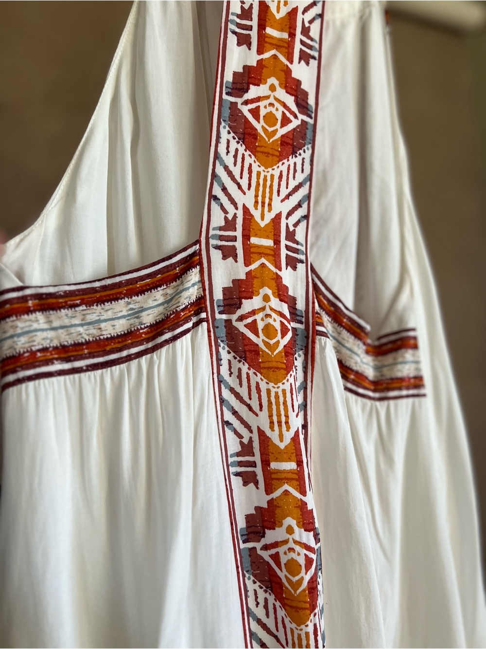 Boho White Mini Sun Dress with Orange and Turquoise Geometric Racerback Design - Picture 9 of 13